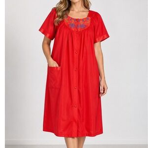 Vintage Kelly Reed Red Embroidered Yoke Duster Nightgown Medium Made in USA